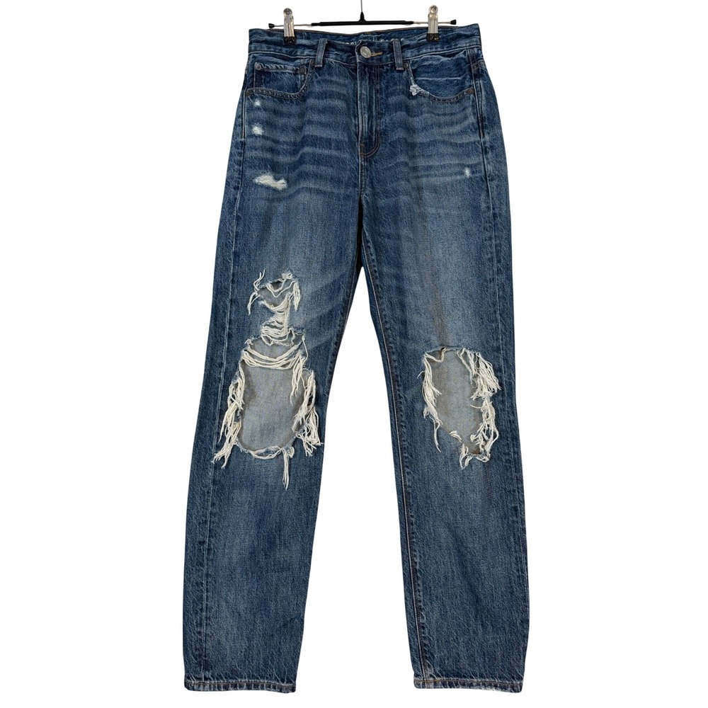 American Eagle Mom Jeans Womens 2 Long Blue Distressed High Rise Denim 90s Y2K